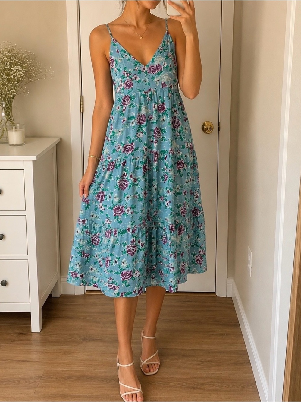 Lulu's Aqua Floral Tiered Dress with Purple Blooms